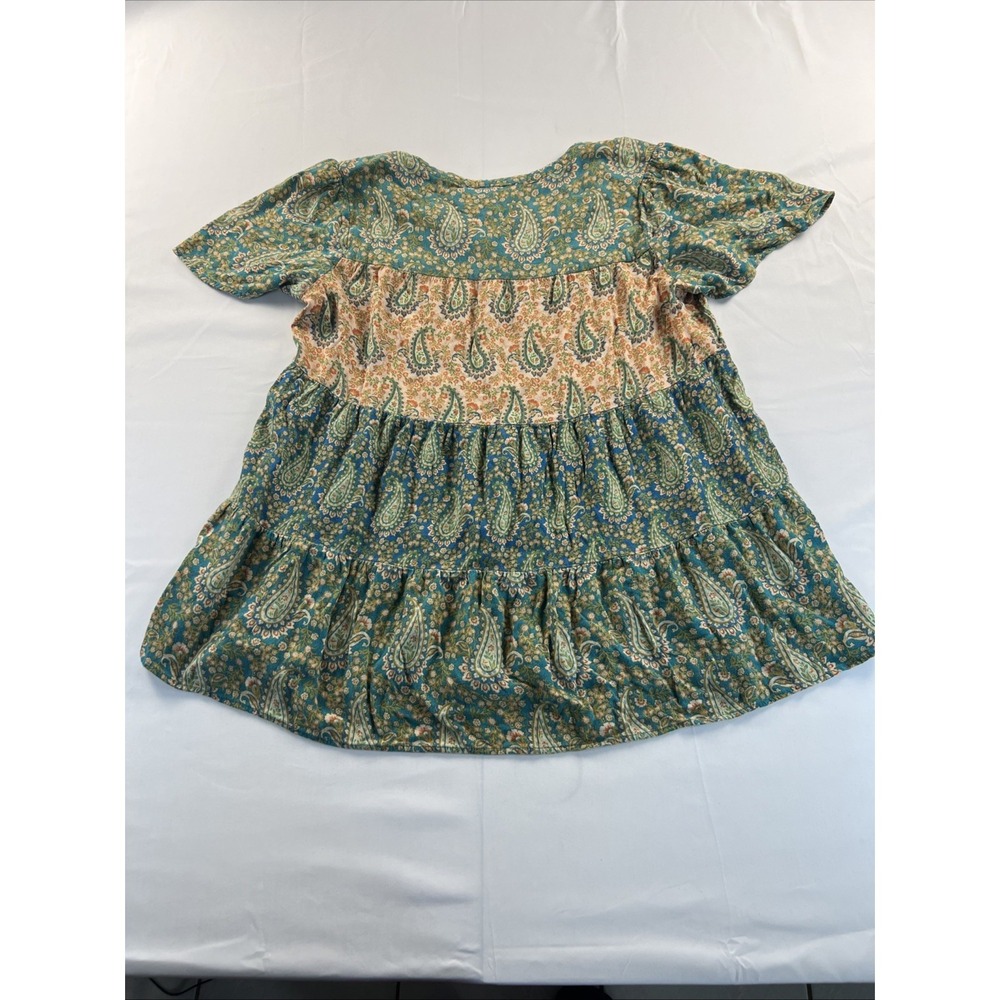DR2 Women's Medium Short Sleeve Paisley Floral Teal Orange Flowy Boho Blouse Top - Picture 7 of 7